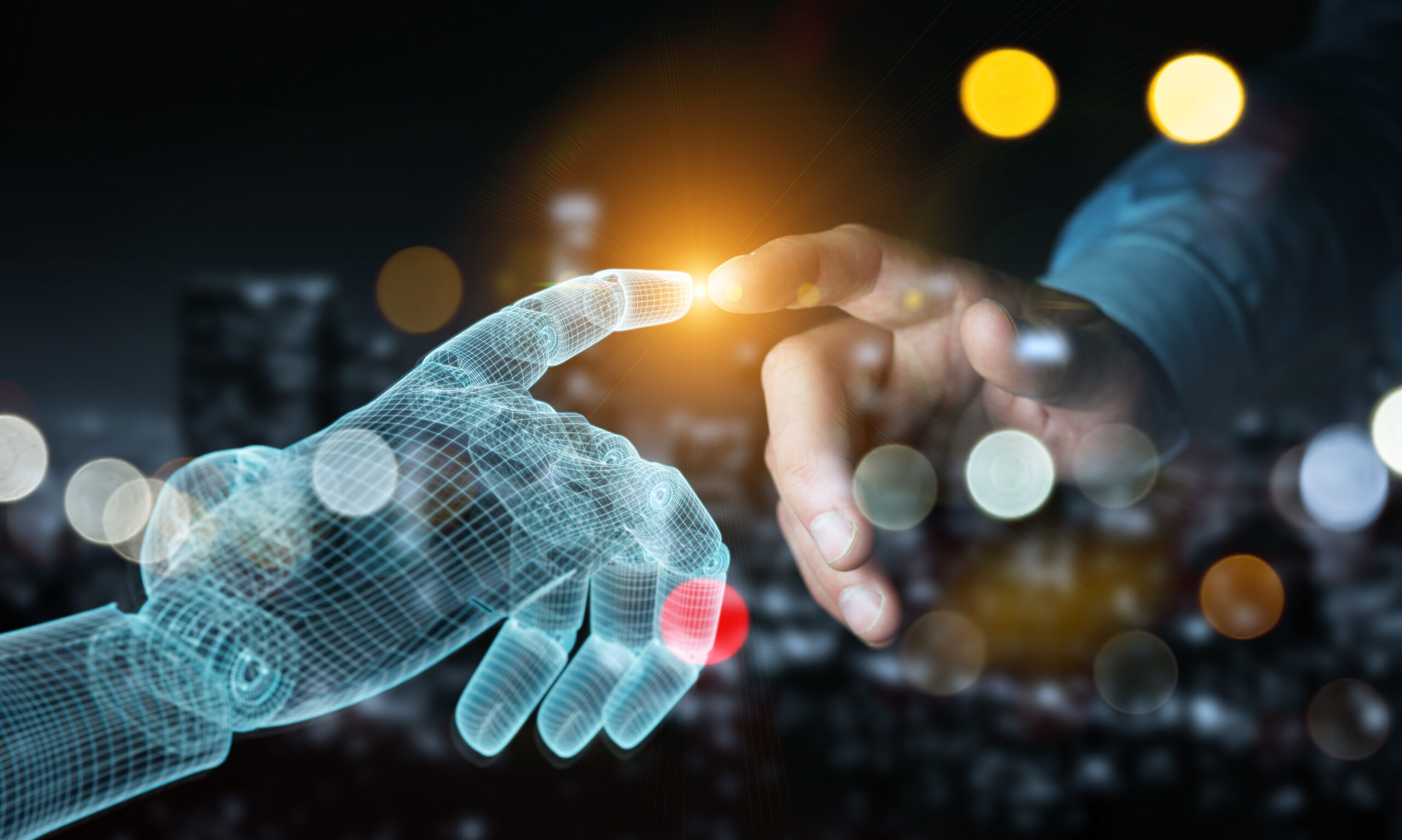 Wireframed Robot hand making contact with human hand on dark 3D rendering person touching digital hand