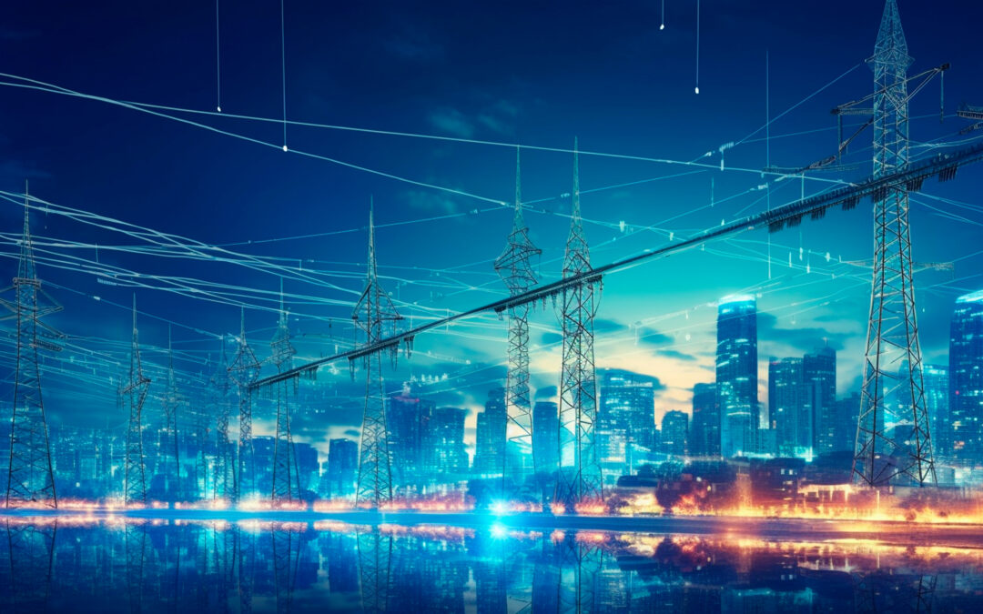 High power electricity poles in urban area connected to smart grid