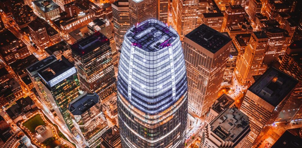 Nighttime view of Salesforce Tower in San Francisco