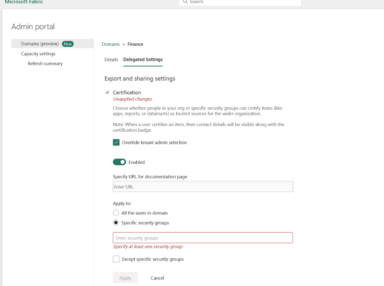 Microsoft Fabric delegated settings