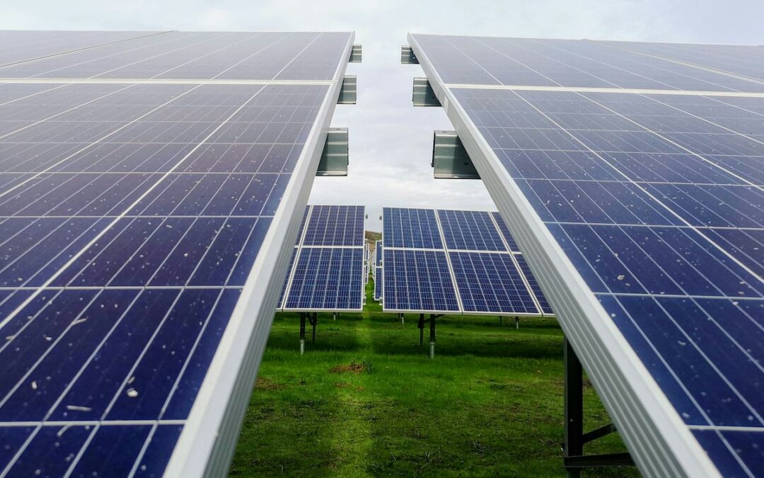 rows of photovoltaic solar panels against a green landscape and a clear sky