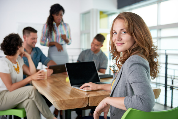 business team working at a conference table in an office