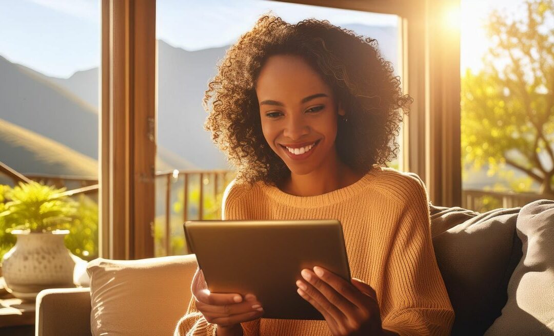 smiling woman interacting with a tablet at home