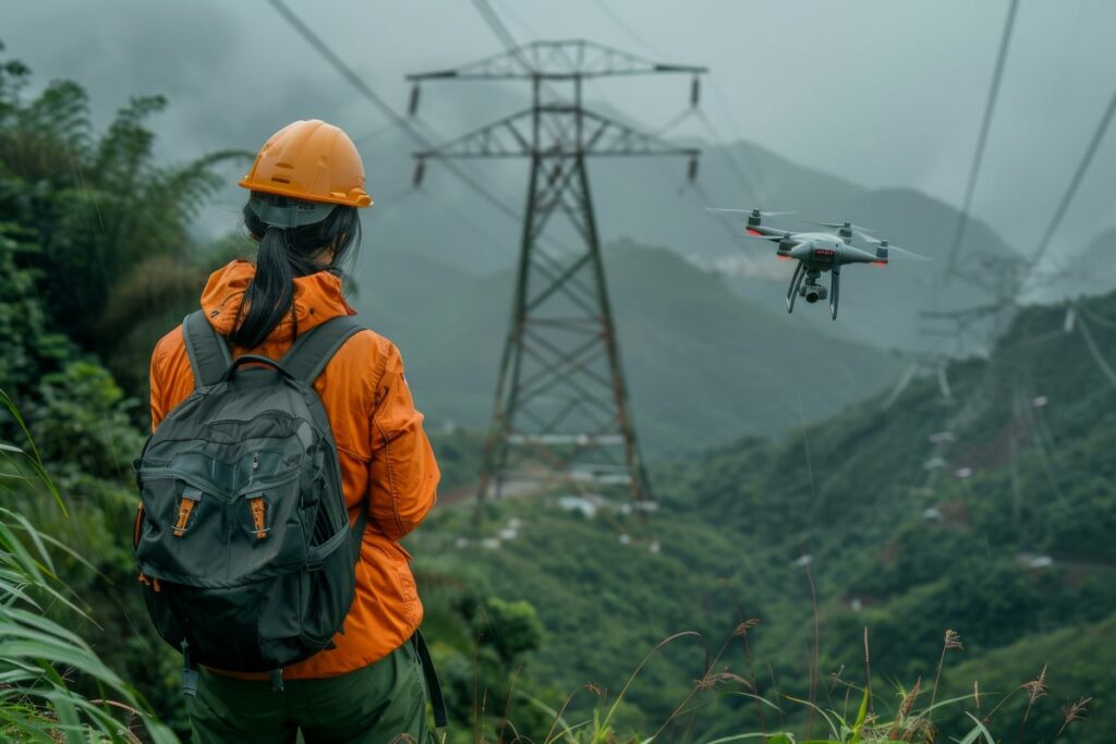 utility worker in a remote mountain area flying a drone for asset inspection