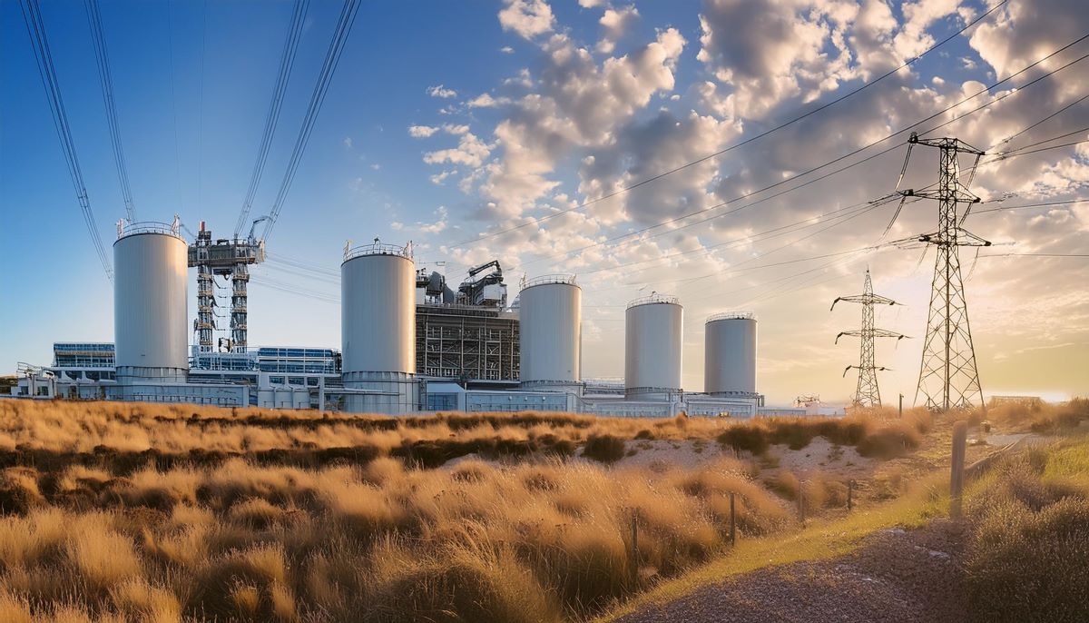 power station under a cloudy sky with a grassy field in the foreground