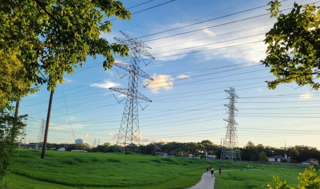 power lines against a sunny sky in a green area