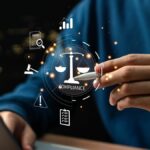 Business professional holding a holographic AI icon with technology and security symbols.