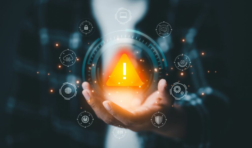 abstract image of a yellow risk icon surrounded by representations of various risk factors