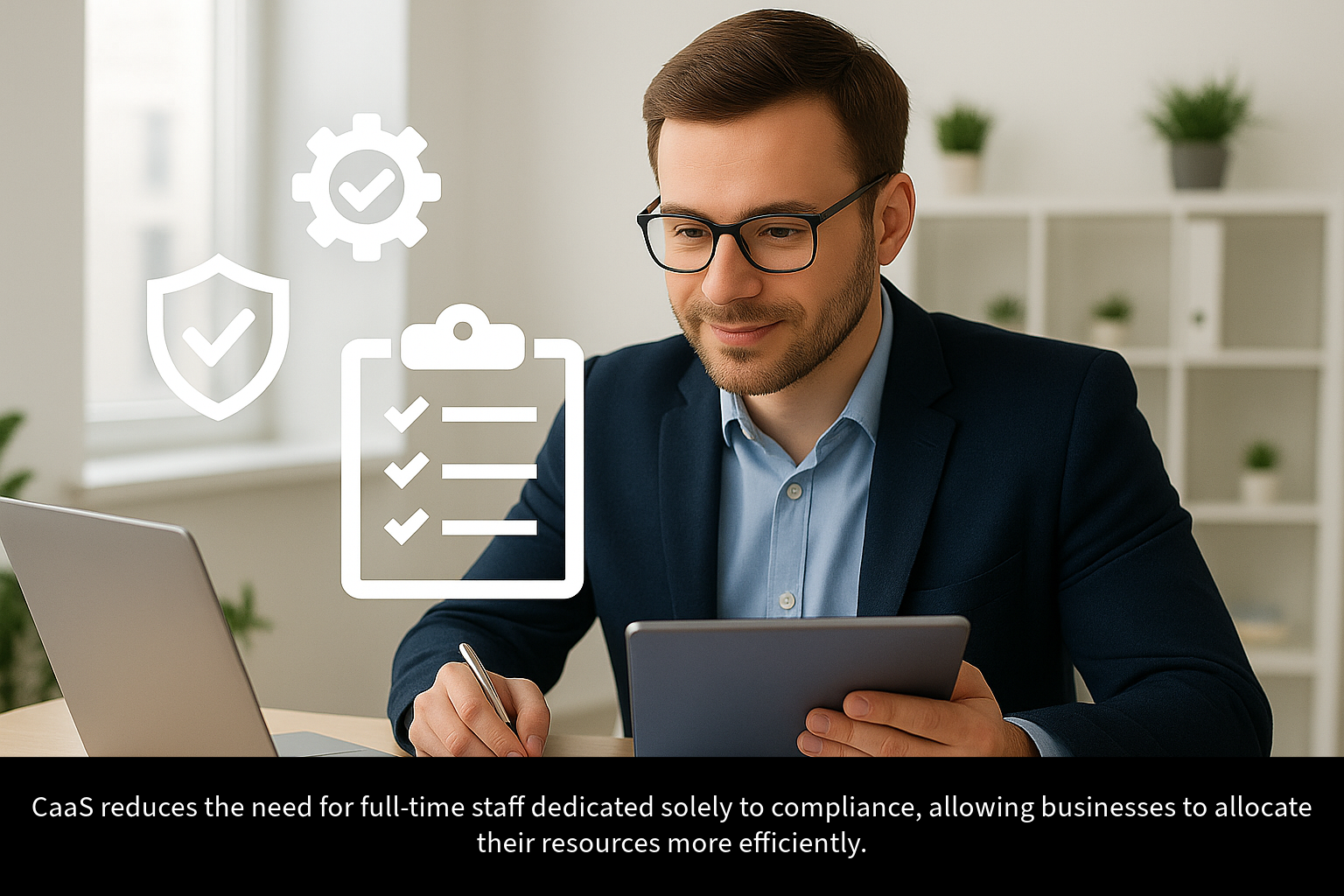 CaaS-resource alllocation man working at a desk in an office, with compliance-related icons in the foreground