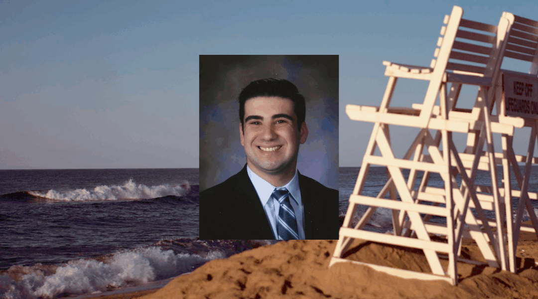 Ross Mesnick's photo against a background image depicting a shoreline on Long Island