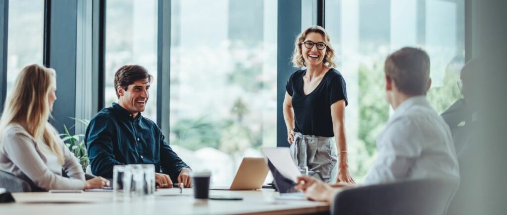 business team collaborating in a modern office environment