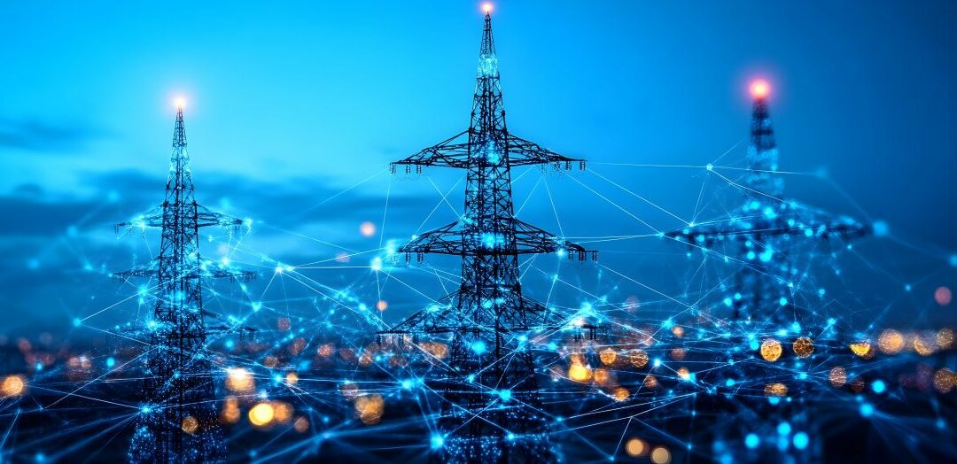 Abstract image of utility towers against an urban background with data points connecting them
