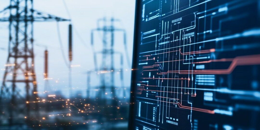 computer screen displaying a digital diagram with a power plant in the background