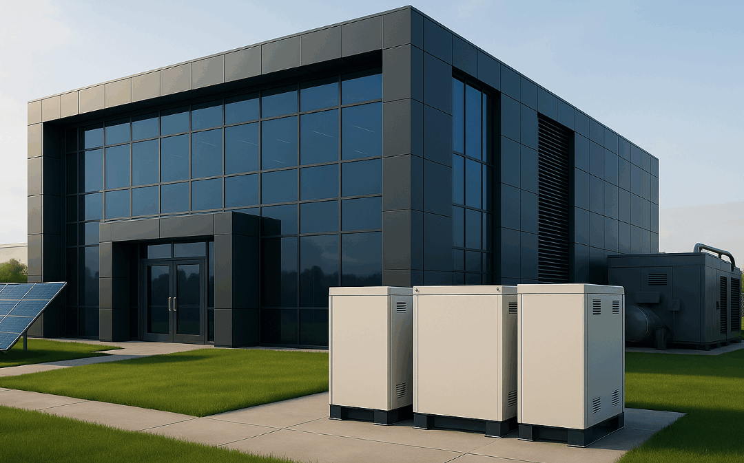 a large data center flanked by solar panels, energy storage batteries, and backup generation equipment