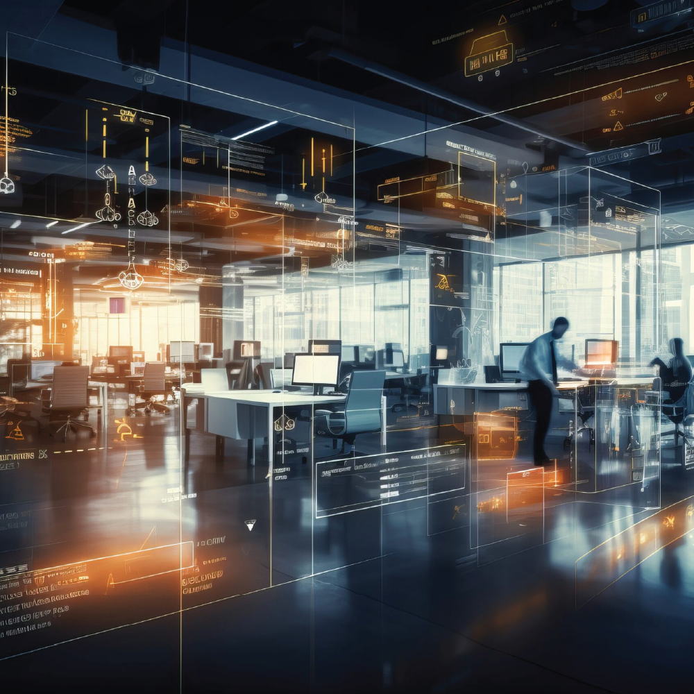 photo of office environment overlaid with technology graphics