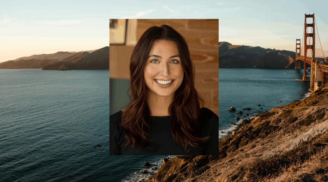 photo of Alena LaScola against a background featuring the Golden Gate Bridge