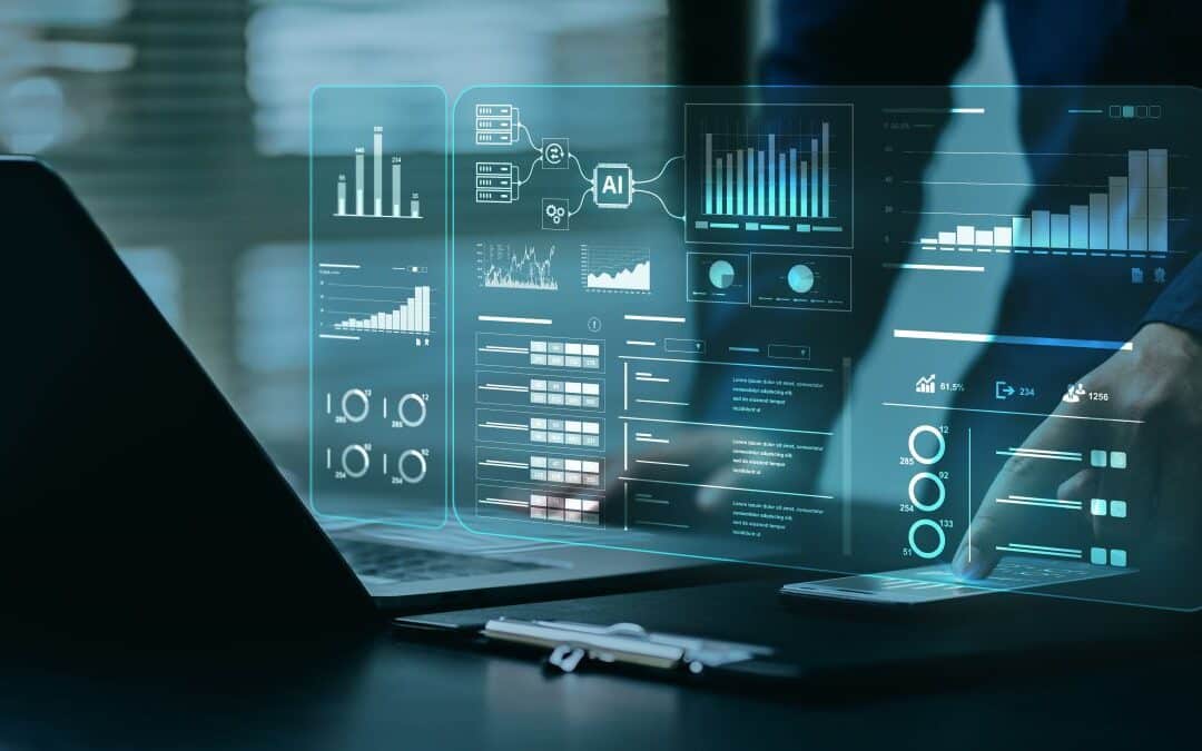 bank executive works on a laptop computer featuring AI