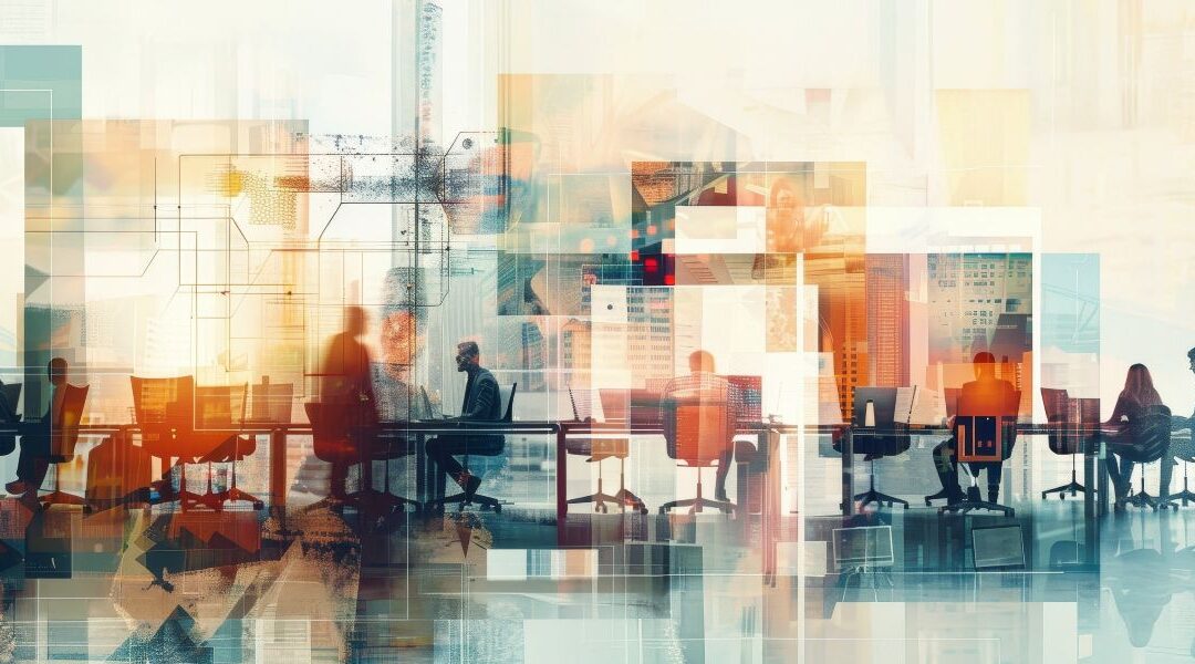 abstract image of office workers interacting with technology