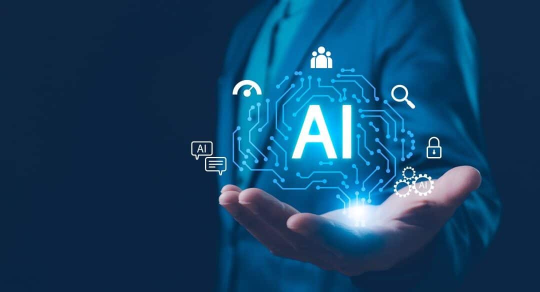 Business professional holding a holographic AI icon with technology and security symbols.