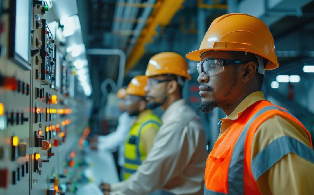 engineers operating switchgear in a power plant
