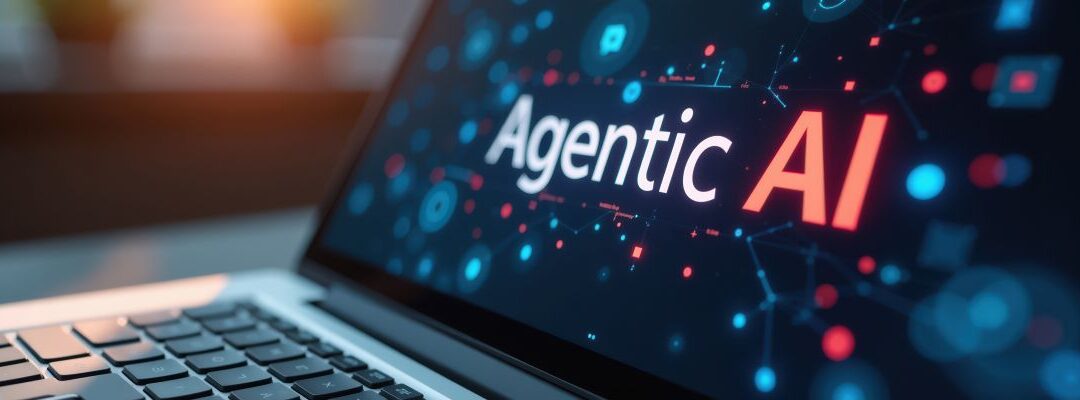 laptop computer screen displaying the text "Agentic AI"