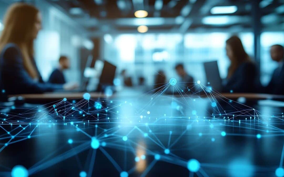 abstract image of employees working in an office connected by digital links