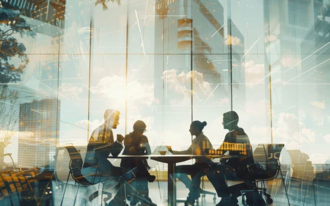 abstract image of coworkers at a conference table in a modern office