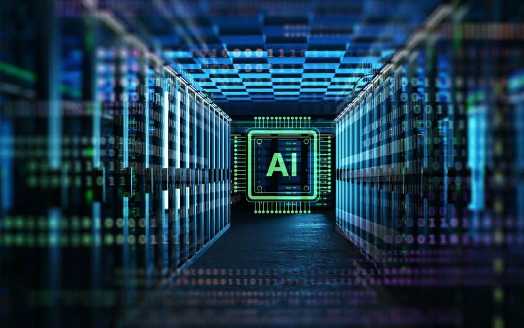abstract image of a long, techno-lit hallway with "AI" at the end