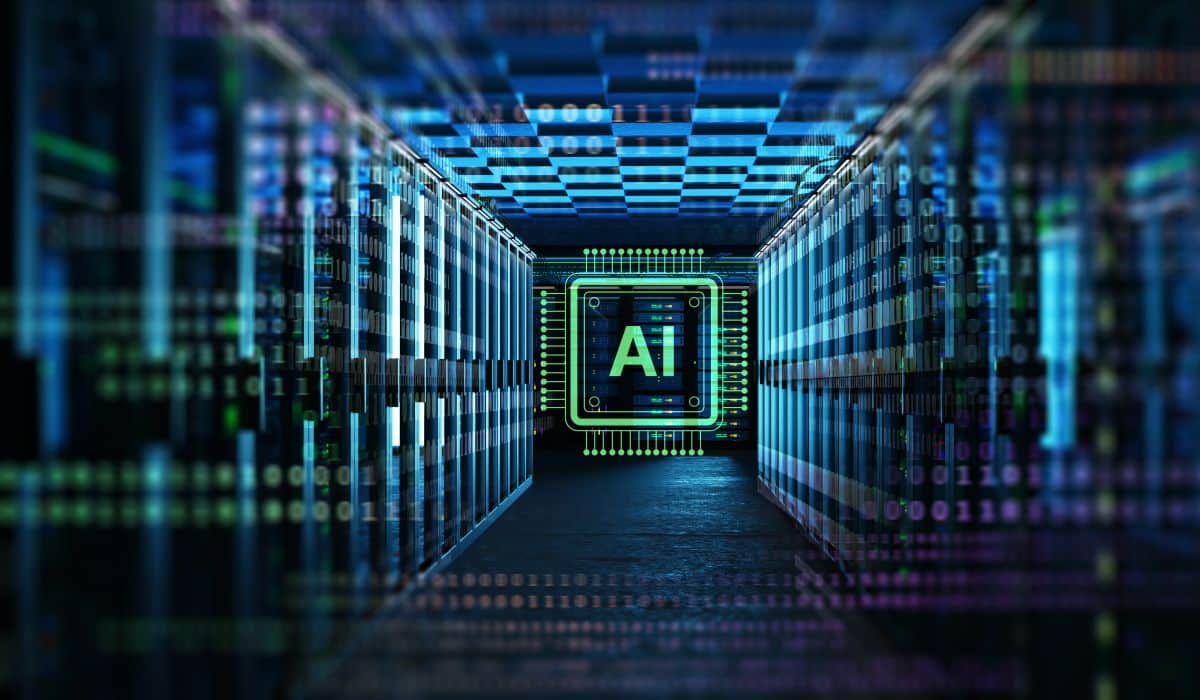 abstract image of a long, techno-lit hallway with "AI" at the end
