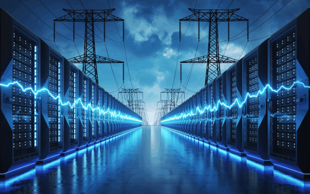 abstract image representing a modern data center connected to utility grid powerlines