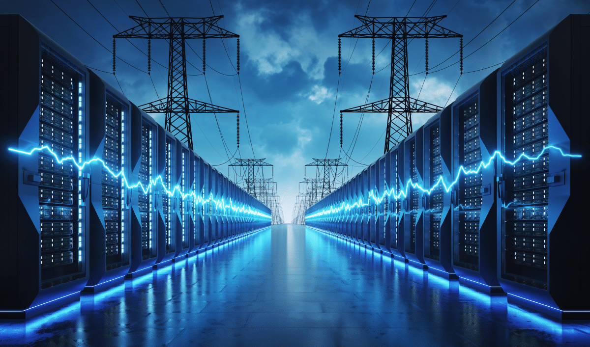 abstract image representing a modern data center connected to utility grid powerlines