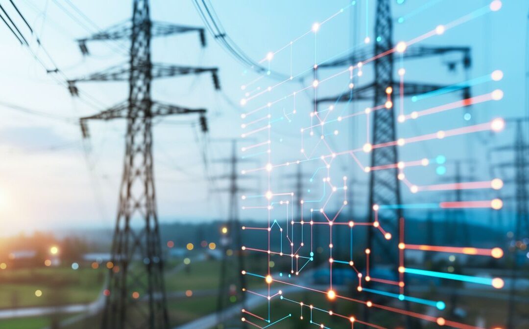 daytime photo of transmission towers overlaid by abstract image representing digital technology