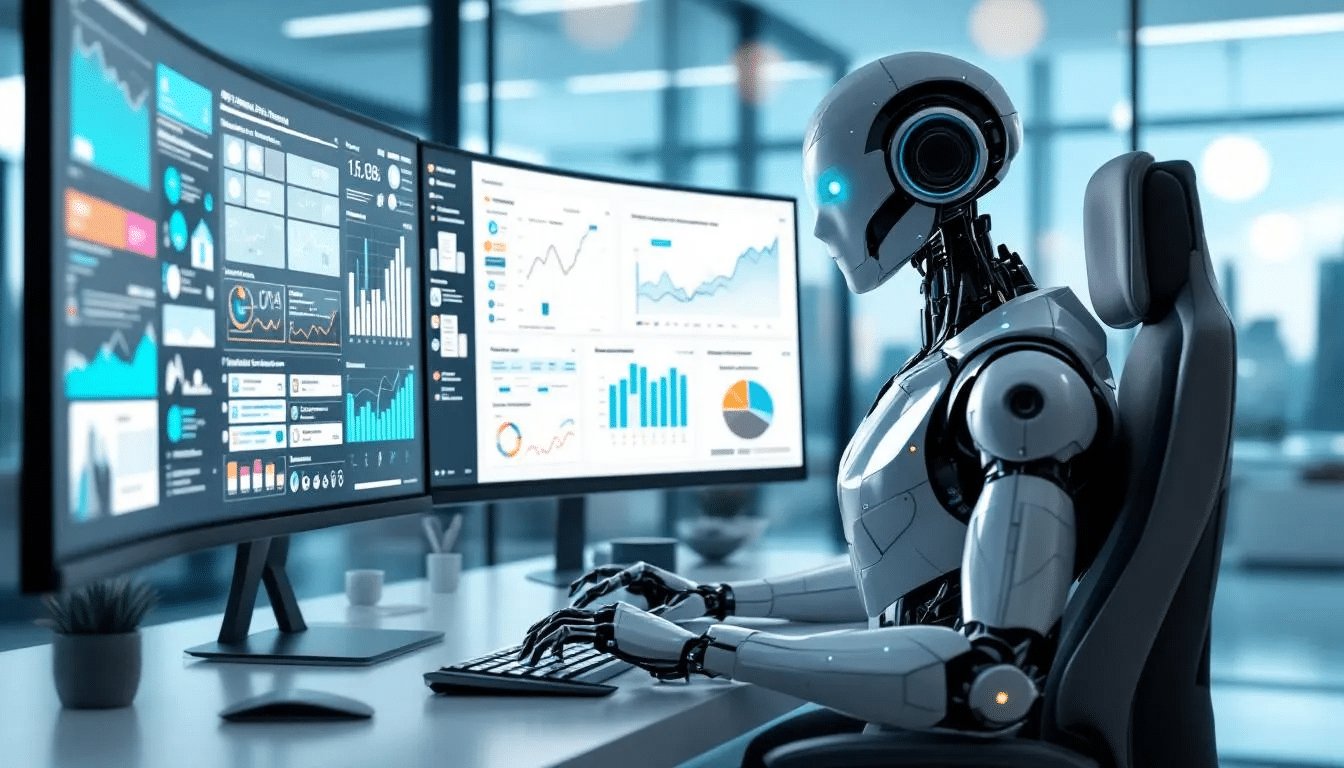 An AI agent is seated at a computer workstation with multiple monitors, each displaying data dashboards and workflow diagrams, showcasing its ability to analyze data and execute complex tasks autonomously. This setup highlights the collaboration of intelligent agents in multi-agent systems, designed for efficient task execution and process automation.