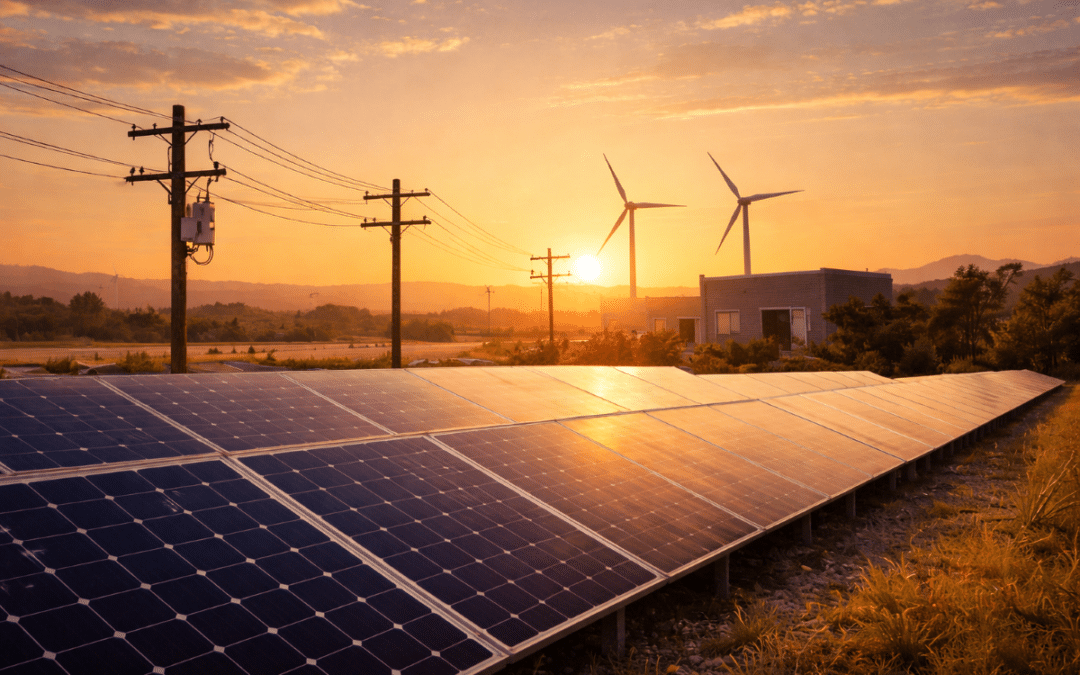 Distributed solar and wind energy assets connected to utility distribution infrastructure at sunset