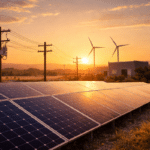 Distributed solar and wind energy assets connected to utility distribution infrastructure at sunset
