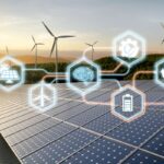 abstract image representing solar and wind energy sources connected by data