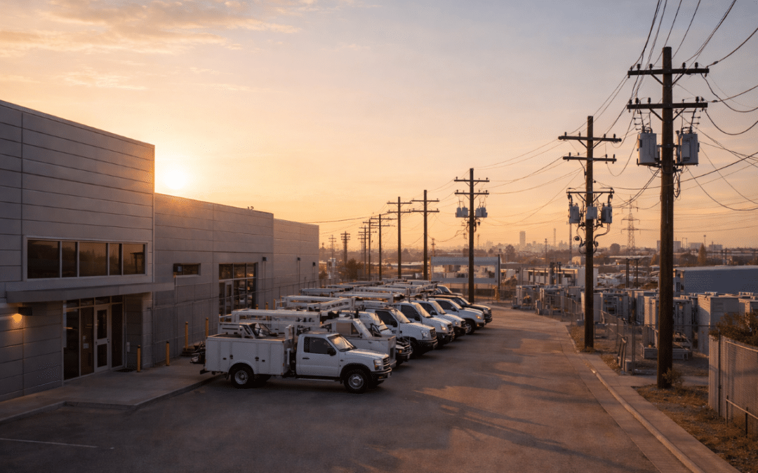 Utility operations facility with a fleet of distribution service trucks, overhead power lines, and pole-mounted transformers along a roadway at sunset, illustrating real-world electric distribution infrastructure and operations.