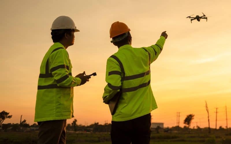 workers in safety gear flying a drone