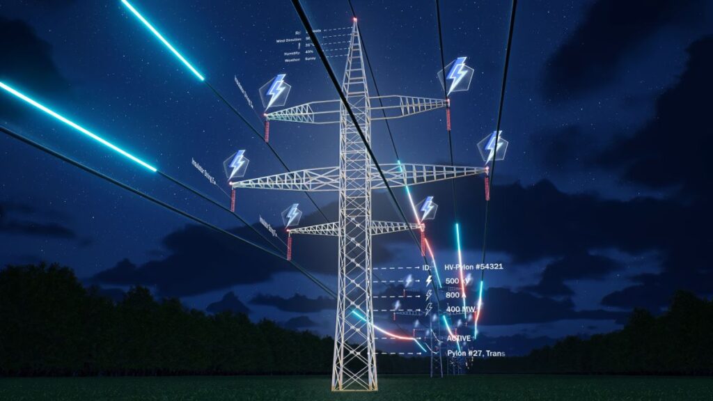 High-voltage transmission tower with digital data overlays representing monitoring and modeling of electric grid infrastructure