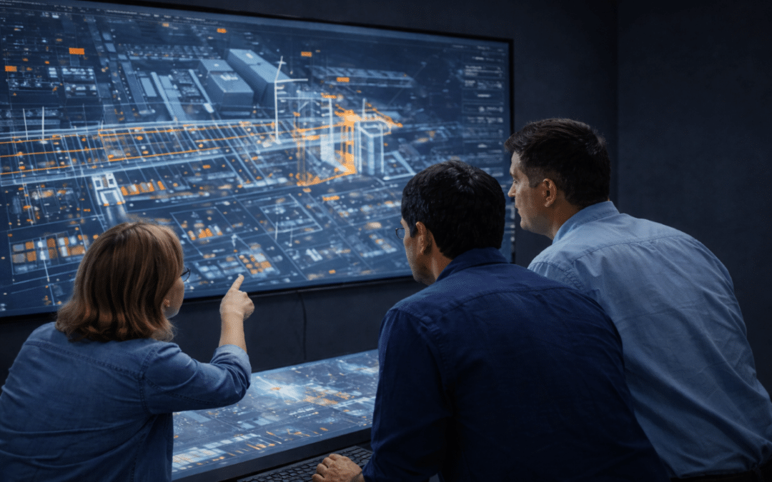 Engineers analyzing a digital twin model of an industrial system on a large screen