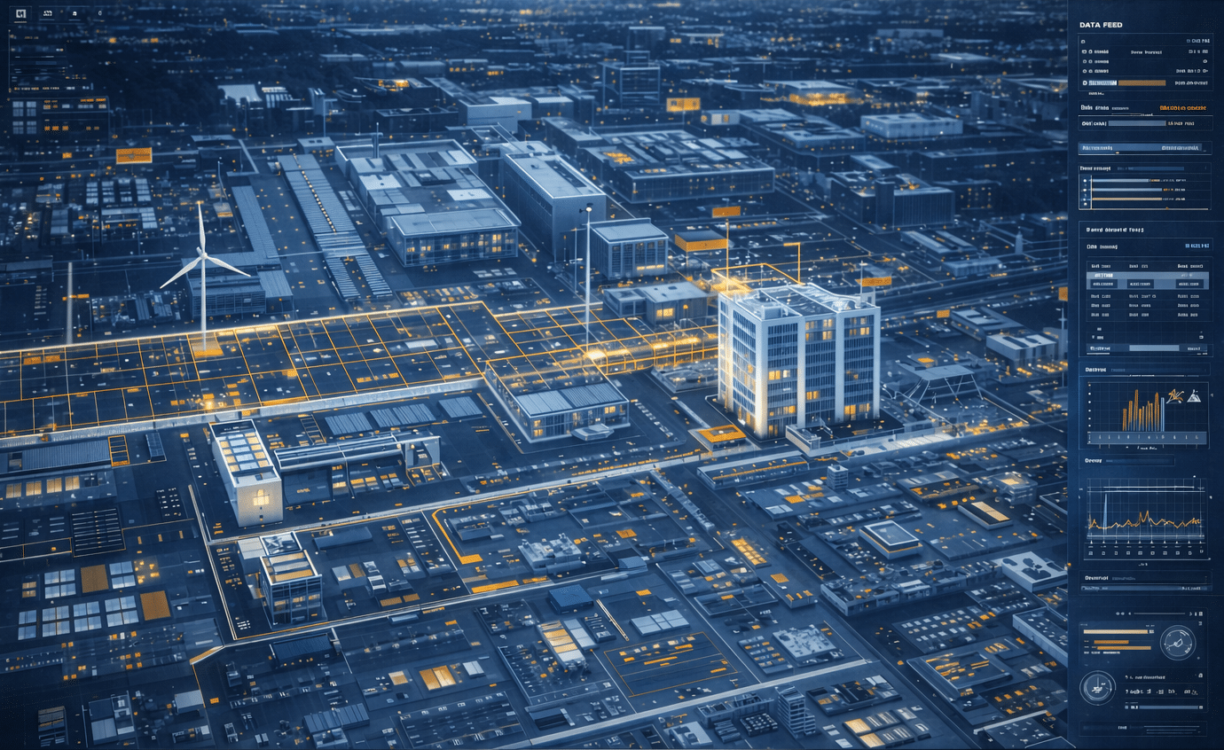 Front-facing screen displaying a high-fidelity 3D model of a city-scale environment with real-time infrastructure detail