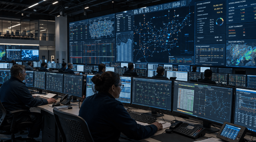 Utility control room with engineers monitoring power grid dashboards and network map wall