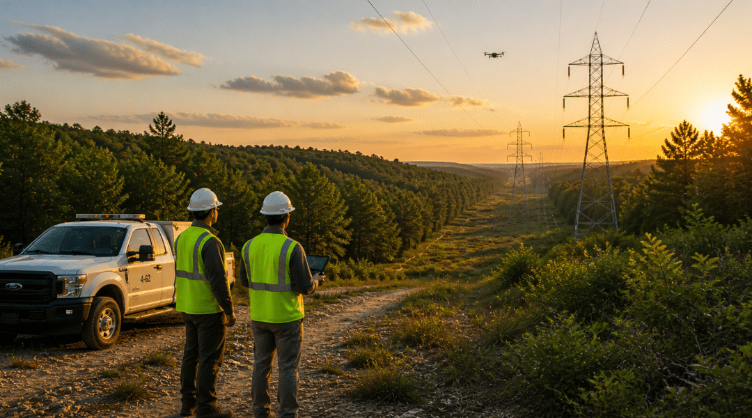 Utility workers operating a drone to inspect high-voltage transmission lines over a forested corridor at sunset, with a service truck parked nearby