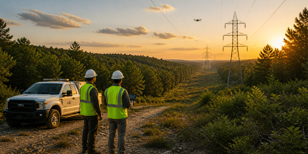Utility workers operating a drone to inspect high-voltage transmission lines over a forested corridor at sunset, with a service truck parked nearby