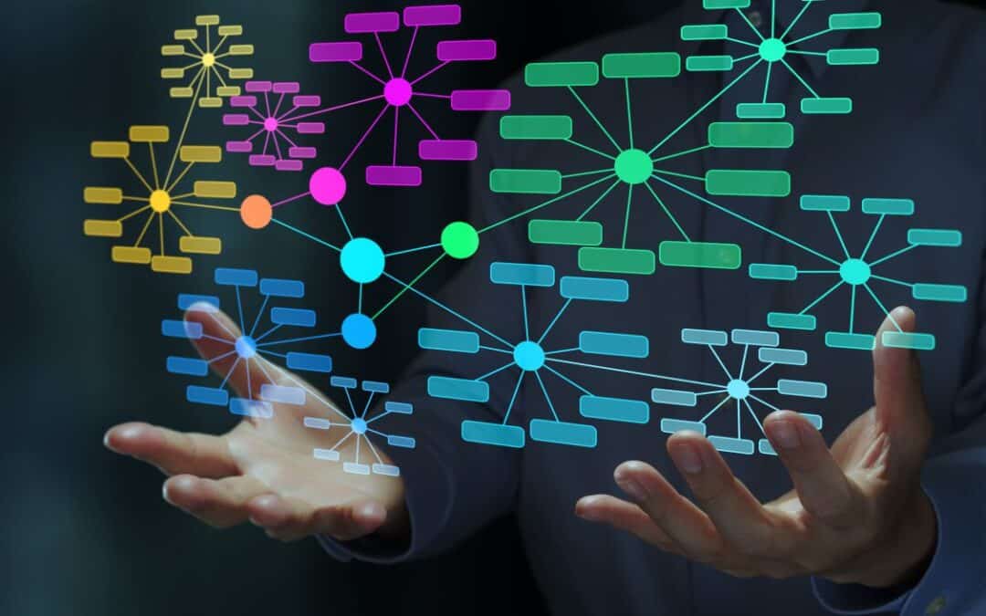Business professional interacting with a visual network of connected nodes and relationships representing a knowledge graph or semantic data model.