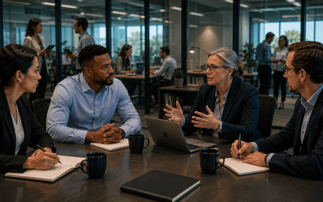 Professionals collaborate on regulatory reporting governance, validation, and decision support in a modern enterprise office.