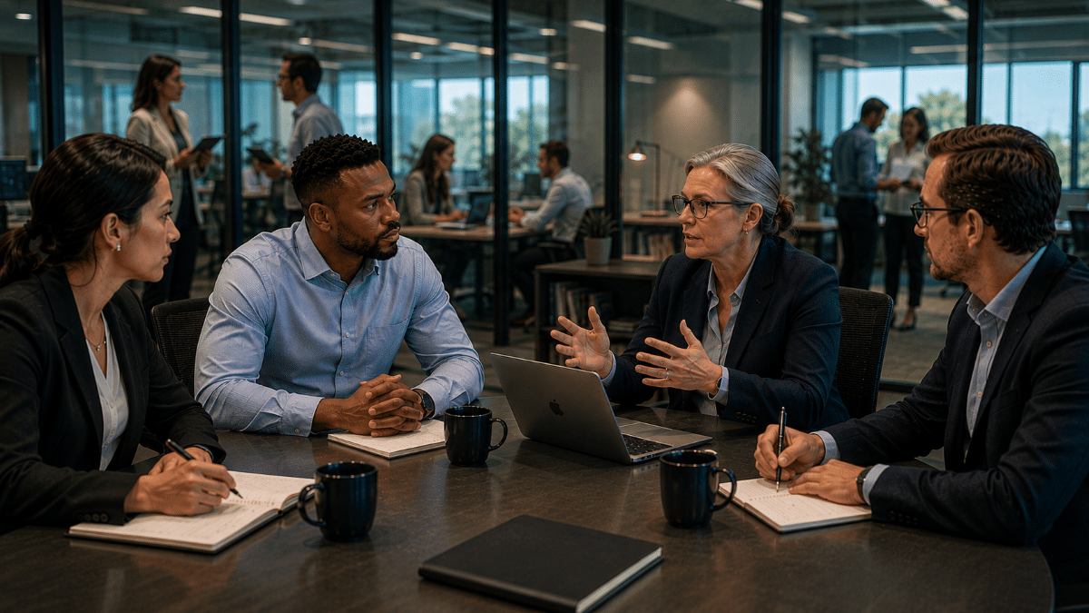 Professionals collaborate on regulatory reporting governance, validation, and decision support in a modern enterprise office.