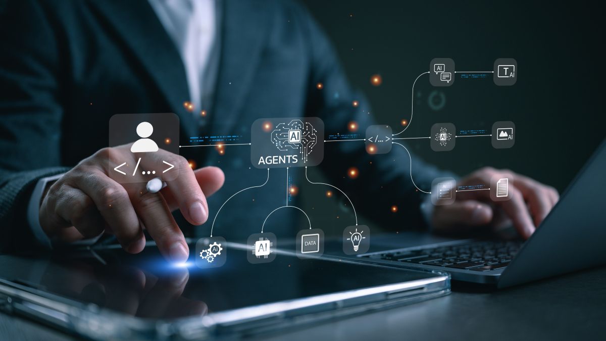 Business professional controlling AI agents workflow