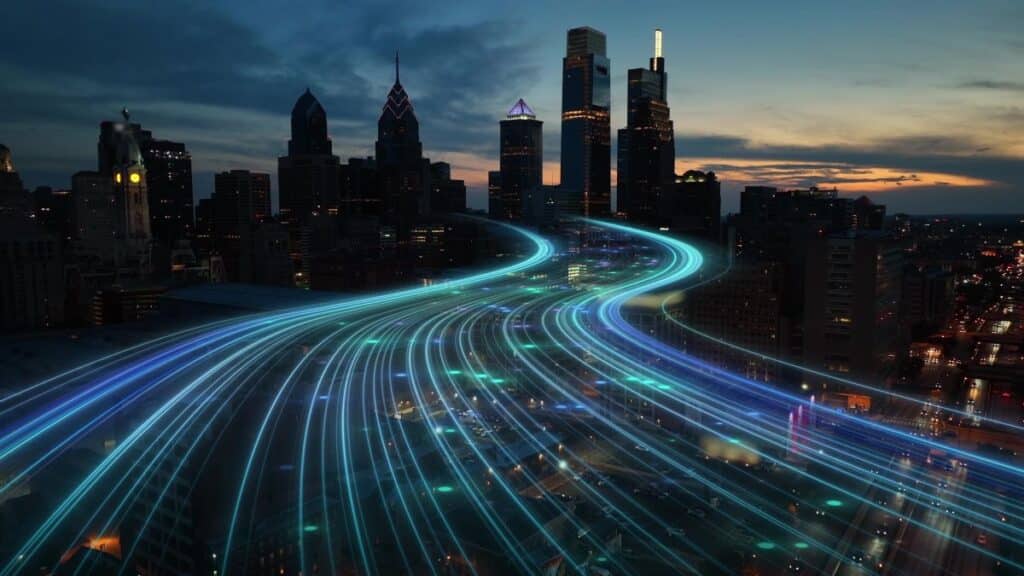 Band lights over modern urban cityscape at night