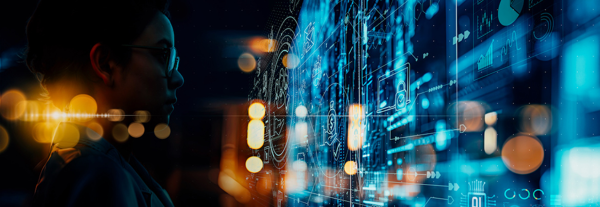 ai-digital-transformation-in-financial-services-banner person looking at data on a blue screen